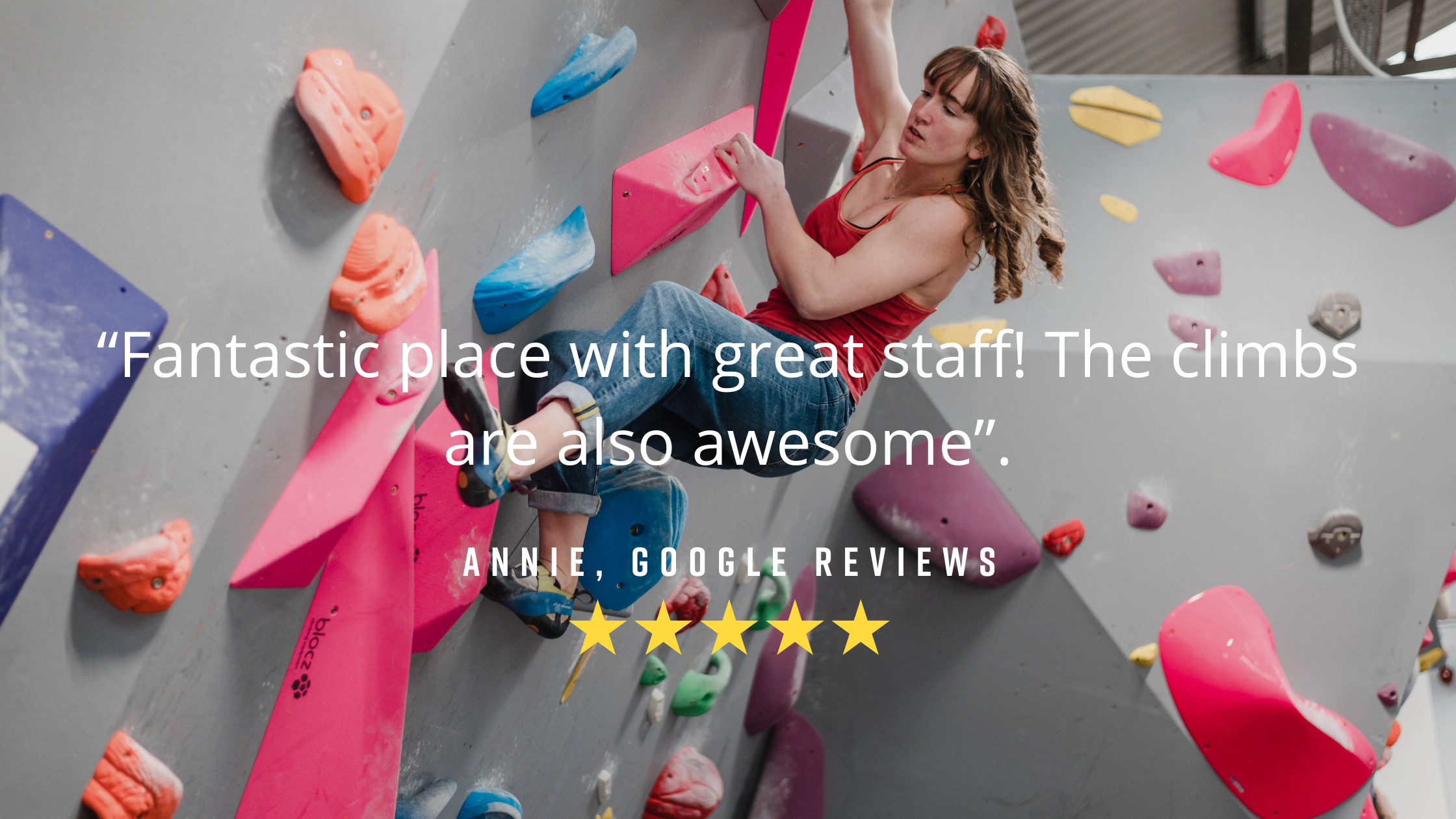 A girl bouldering at The Climbing Hangar with a 5* Google review overlaying the image